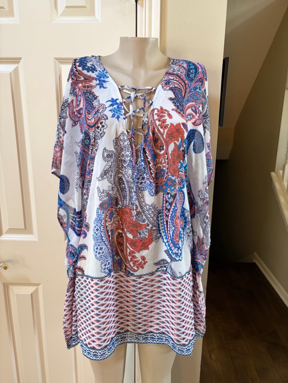 Tommy Bahama White Paisley Lace-Up Swim Coverup with Blue & Red Print